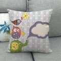 Cartoon owl and elephant print linen cushion cover displayed on a gray sofa - Blue White Stripe Animal Elephant Group Style (20)
