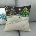 Housse de coussin de Noël en lin avec motif Tour Eiffel et sapin enneigé festif - Style 11