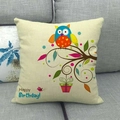 Cartoon owl linen cushion cover with Happy Birthday tree print on grey sofa - Birthday Owl with Dots (6)