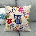 Linen decorative pillow cover with colorful cartoon owl and floral print on gray sofa - Blue Owl Flowers (8)