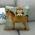 Cartoon owl cowboy on horse print linen pillow case for sofa and bed decor - Cowboy Owl Riding Horse Style (32)