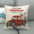 Linen Christmas pillow case with a red pickup truck design and snowman on grey sofa - Red Truck With Snowman And Gifts(14)