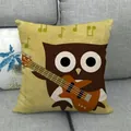 Close-up of linen pillowcase with cartoon owl playing guitar and green musical notes - Guitar Playing Musical Note Owl Style (33)