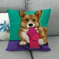Künstlerischer Corgi-Kissenbezug aus Leinen auf einem grauen Sofa dekoriert - Kunstvoll Bemalter Corgi Stil (6)