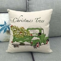 Linen Christmas pillow cover with vintage green truck and tree pattern on gray sofa - Vintage Green Truck Carrying Tree(15)