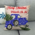 Linen Christmas pillowcase featuring a blue vintage truck with tree on a grey sofa - Blue Truck and Red Stars Style (9)