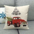 Linen Christmas pillow case with vintage red truck and Merry Christmas text - Red Truck With Black Dog And Tree(16)