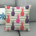 Macro detail of square linen pillow cover with colorful pineapple prints on striped fabric - Red Pink Pineapple Horizontal Stripe Style (7)