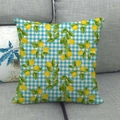 Close-up of linen cushion cover with lemon pattern on blue and white checkered background - Lemon Blue White Gingham Style (8)