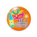 Orange tinplate badge with festive party mask and Let's Celebrate Together text design - 58mm / New Year Orange Style 2