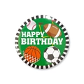 Green sports birthday tin badge with rugby, baseball, basketball, and football patterns - 58mm / Sports Ball Mix (Style 1)