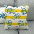 Close-up of linen pillowcase with blue pineapple pattern on yellow striped background - Yellow Stripe Blue Pineapple Style (13)