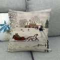 Funda de cojín navideña de lino con ilustración de pueblo invernal vintage - Trineo de Caballos en Invierno (26)