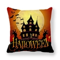 Detail of Halloween pillowcase with spooky castle, bats, and moon on peach skin fabric - Orange-red Castle and Artistic Font Style (13) / 45x45cm