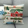 Linen Christmas pillow cover with red shop and blue truck farm print for sofa - Christmas Tree Farm Winter Scene Style (11)