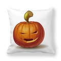 Detail of Jack-o'-lantern pumpkin face print on a white decorative throw pillow cover - 18x18 Inch / Green Stem Realistic Pumpkin Style (8)