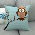 Linen cushion cover with light blue stripes and hand-drawn cartoon owl pattern - Brown Owl with Flowers Style(5)
