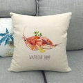 Detail of linen pillow cover with watercolor shrimp and lemon pattern on gray sofa - Red Watercolor Shrimp (11)