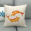 Detailed texture of linen throw pillow featuring watercolor orange goldfish pattern - Circling Goldfish (15)