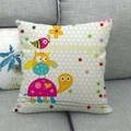 Linen square pillowcase with stacked cartoon turtle and owl print on blue polka dot background - Turtle Owl Blue Polka Dot Style (5)