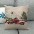 Linen Christmas pillow case with red vintage truck and snowy barn holiday print - Red Barn and Truck Style (13)
