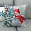 Funda de cojín navideña de lino con muñecos de nieve y pájaro rojo en paisaje invernal - Pájaro Rojo y Lindo Muñeco de Nieve (28)
