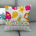 Linen happy birthday pillow cover with colorful cartoon owl and bird illustration - Cartoon Animal Group Happy Birthday Style (6)