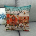 Linen Christmas pillowcase featuring a vintage red church and snow village illustration - Christmas Village and Church Illustration Style (14)