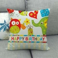 Linen square pillow cover with happy birthday cartoon owl and elephant illustration - Red Owl Green Elephant Birthday Style (7)