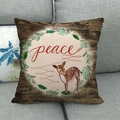 Housse de coussin de Noël en lin avec lettrage Peace et cerf sur fond style bois - Style 18