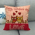 Funda de cojín de lino con búhos y corazones para decoración de San Valentín - 45x45cm / Estilo LOVE de Búhos Cariñosos de San Valentín (14)
