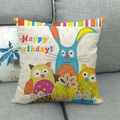 Linen square pillow cover with cartoon owls and rabbits in a Happy Birthday theme - Blue Rabbit Green Owl Birthday Style (8)