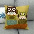 Square linen pillow cover with yellow cartoon owl illustration on grey sofa decor - Ginger Yellow Double Owl Style (20)