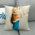 Linen blend square pillow with vintage woman portrait and anchor tattoo on a grey sofa - Blue Swimsuit Tattoo Girl (4)