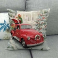 Linen Christmas pillow case featuring a vintage red Santa truck on a grey sofa - Santa and North Pole Truck Style (16)