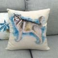 Fodera per cuscino in lino con stampa acquerello di Alaskan Malamute su divano in tessuto - Acquerello Alaskan Malamute (2)