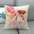 Leinen Kissenhülle mit Hundemotiv und Happy Birthday Ballon auf grauem Sofa - Einheitsgröße / Jack Russell Geburtstag-Stil (3)