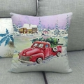 Linen Christmas pillow cover featuring a red vintage truck and tree in snowy landscape - Snowy Truck and Purple Sky Style (17)
