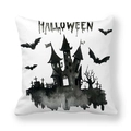 Halloween throw pillow case with watercolor spooky castle and bat print on white fabric - B&W Watercolor Thriller Castle Style (4) / 45x45cm
