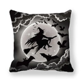 Detail of Halloween pillowcase featuring a witch silhouette riding a broom against the moon - Grayscale Witch Moon Style (12) / 18x18 Inch