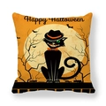 Detail of Halloween pillow case with cartoon black cat and Happy Halloween greeting - Top Hat Black Cat Full Moon (18)
