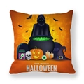 Detail van Halloween kussenhoes met heks bij ketel, pompoenen en Trick or Treat tekst - Oranje Wizard Roert In Ketel (21)