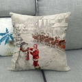 Funda de cojín navideña de lino con diseño de Papá Noel y muñeco de nieve - Papá Noel Vistiendo al Muñeco de Nieve (36)