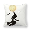 Halloween throw pillow cover featuring a black witch silhouette and yellow moon on white fabric - Witch on Broom and Vintage Moon Style (6) / 45x45cm