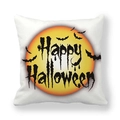 Halloween pillow cover with orange moon, bats and Happy Halloween text on white fabric - Bright Orange Moon and Artistic Greeting Style (7) / 45x45cm