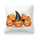 White Halloween pillowcase featuring colorful lit pumpkins, a wizard hat, and autumn leaves - Five Glowing Pumpkins (12)