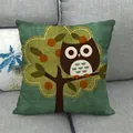 Linen decorative pillow cover with a brown cartoon owl on a branch with orange berries - Owl with Berries and Branch