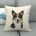 Leinen-Kissenhülle mit Corgi-Aquarellmuster auf einem grauen Sofa dekoriert - Aquarell Corgi Kopf Stil (14)