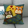 Linen pillow cover with cartoon owls on a branch under a yellow moon and red hearts - Two Owls Under Moon