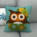 Linen square cushion cover with cute cartoon owl in grass skirt on blue background - Hawaiian Style Owl